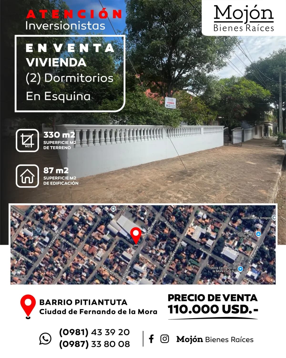 À VENDA CASA DE CANTO PARA REFORMAR OU DEMOLIR NO BAIRRO PITIANTUTA DA CIDADE DE FERNANDO DE LA MORA (ZONA SUL)