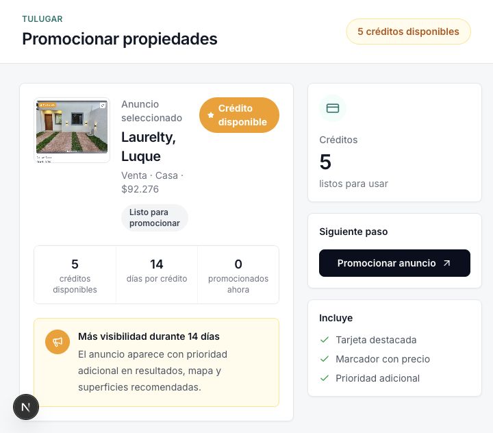 Vista previa del control de créditos destacados en la cuenta de TuLugar